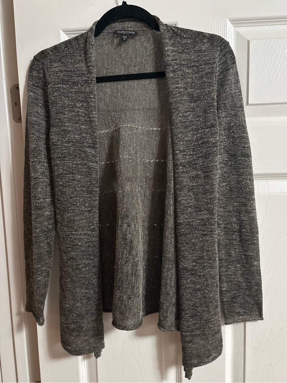 Eileen Fisher 45% linen open front cardigan metallic silver fall oversized